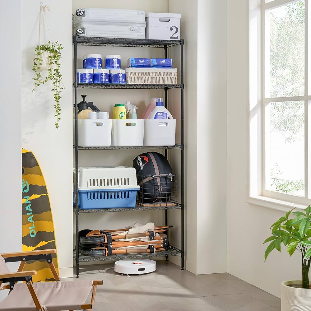 IZEUK スチールラック キャスター付き 5段 高さ伸縮メッシュ 収納